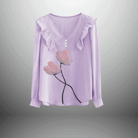 Lavender Regular Top with Front Frills and Hand Painted Floral Motif-RET107